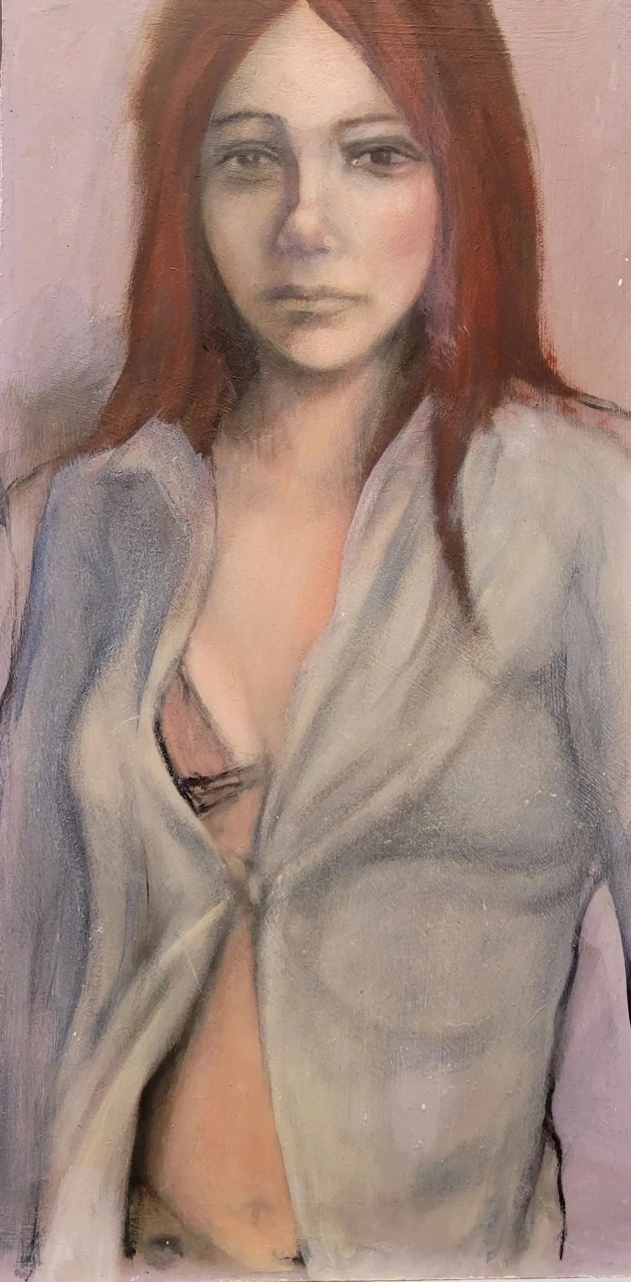 Girl With Red Hair In Grey Shirt